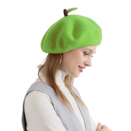 Zasy Handmade Wool Beret Hat French Style Needle Felt Flower Beanies Women Winter Autumn Cap (Green Apple)