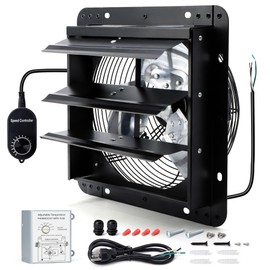 Hipoilk 7 Inch Wall Mounted Shutter Exhaust Fan with Thermostat and Speed Controller for Attic, Greenhouse, Shed, Garage, Chicken Coop, Shop, Barn Ventilation, 760 CFM Louvered Vent Fan, Black