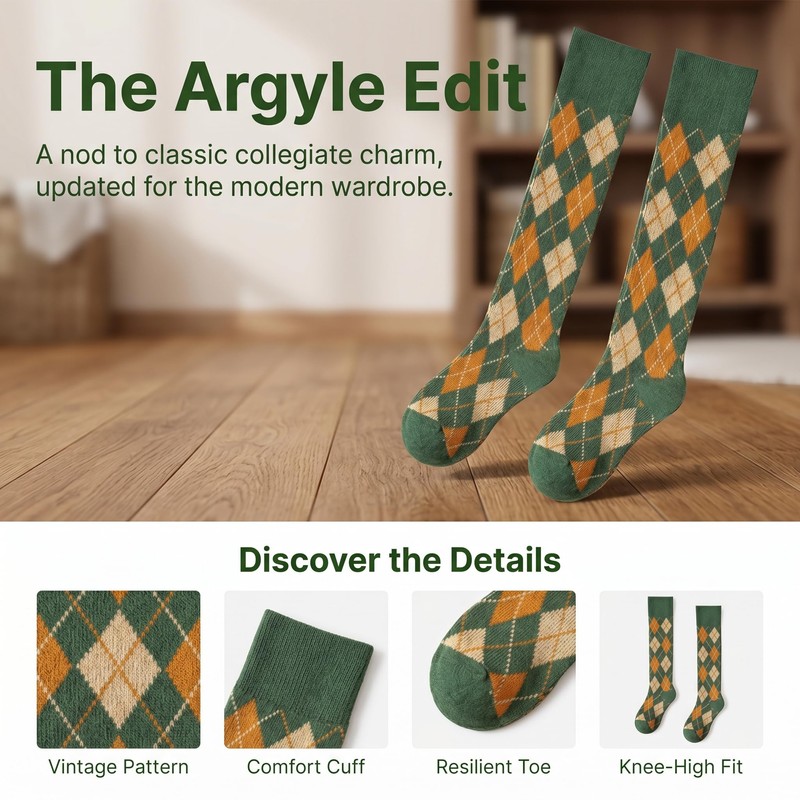RosyClouds Womens Girls Knee High Socks Green Vintage Argyle Novelty