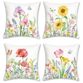 Bonhause Spring Flower Cushion Covers 45 x 45 cm Tulips Iris Sunflower Poppy Floral Decorative Throw Pillow Covers for Home Garden Patio Decor Set of 4