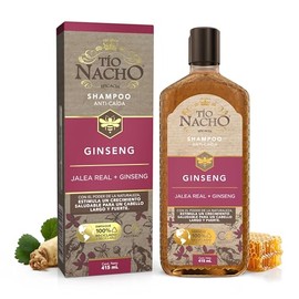 TÍO NACHO - Shampoo Anti-Caída. Estimula y fortalece crecimiento saludable de la fibra capilar, con jalea real y extractos de ginseng, romero, aloe vera y jojoba. Empaque 100% reciclado, botella con 415ml
