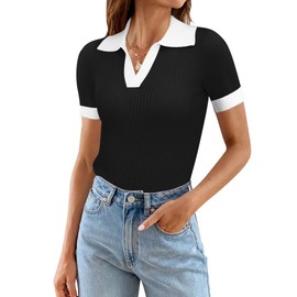 Ivicoer Cute Tops for Women Business Casual V Neck Lapel Short Sleeve Shirts Basic Tee Ribbed Knit Work Tops Black, XL
