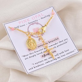 InfinityGemsArt Pink Opal Bracelets For Women October Birthstone Jewelry Micro Pink Beads Crystals and Healing Stones, Virgin Mary Jesus Christ Cross Charm Bracelet, 18K Gold Plated Chain 8 inch