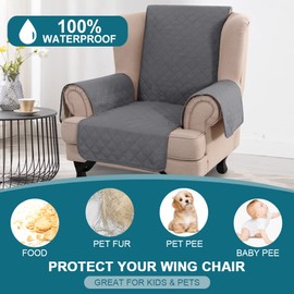 KPPKOU Wingback Chair Slipcover 1 Piece Waterproof Wing Chair Cover Washable Armchair Cover Stretch Furniture Protector for Living Room for Pets Kids (Grey)