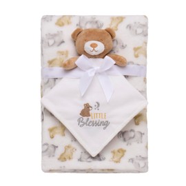 Baby Starters 2 Piece Plush Snuggle Buddy Toy and Plush Baby Blanket Gift Set, Little Blessing Bear and Animal Print, Beige (30 in. x 36 in)