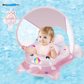 Baby Swimming Ring with UPF50+ Sun Canopy, Parner Baby Float with Safety Seat, Swimming Aid Children for 3-36 Months, Pink (Large)