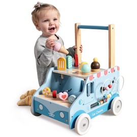 labebe Baby Push Walker, Wooden Activity Walker for Boys Girls 12M+, Push Walker Toy for Kids Learning to Walk, Adjustable Speed Learning Walking with Wheels, Birthday Gift for Babies Ages 1-3 (Blue)