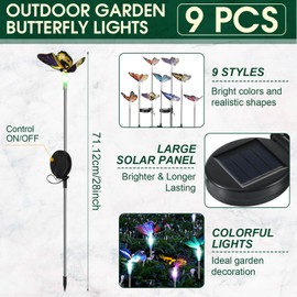 Retisee 9 Pcs Solar Butterfly Garden Stake Lights LED Solar Butterfly Lights Waterproof Color Changing Outdoor Lights Decoration for Garden Patio Yard Lawn Pathway, 5 x 28 Inch