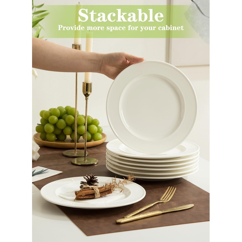 TAMAYKIM 10 Inch Porcelain Salad Dinner Plates 8 Pieces, Wide