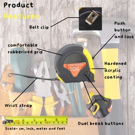 10M Retractable Measuring Tape, Two Break Button Design and Tape Lock, Rubber Drop Shell and Grip, Inches and Centimetres, Great for DIY (10m)