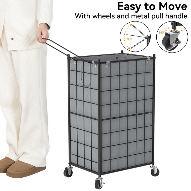 WOWLIVE Laundry Hamper with Wheels,Metal Wire Frame Rolling Laundry Basket