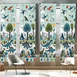 Ambesonne Dino Art Window Curtains Pack of 2, Adventurous Dinosaurs in Scandinavian Forest with Trees and Flowers, Lightweight Set & Rod Pocket, 4 Panels of - 28" x 84", Blue Green and Paprika