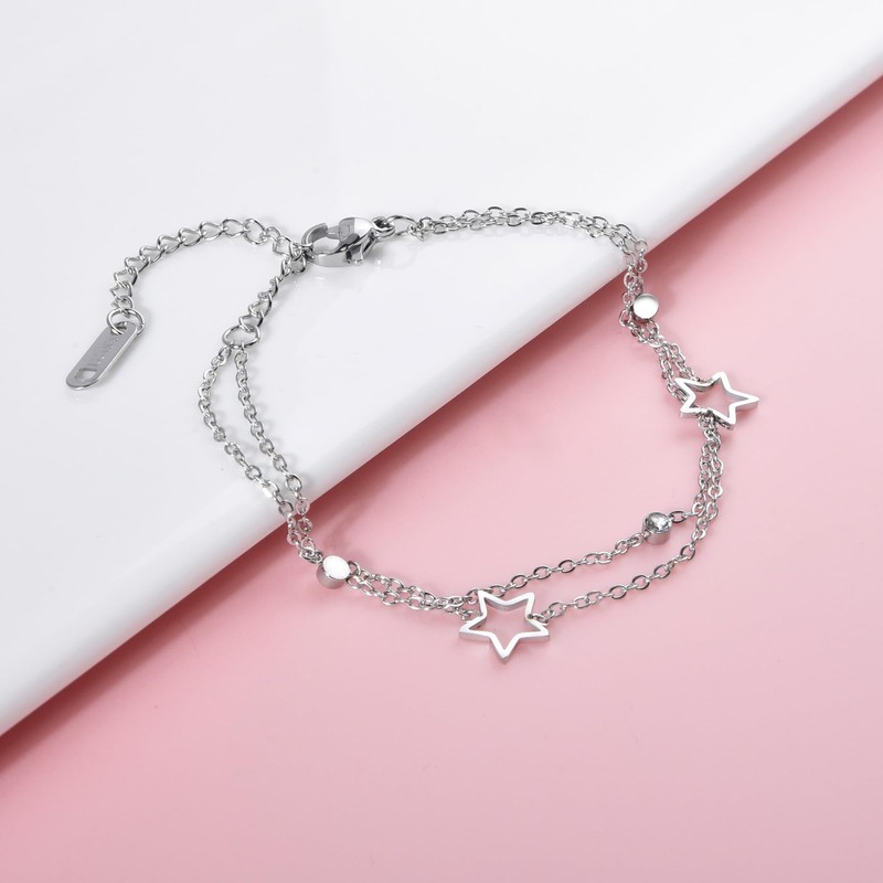 Double Layered Bracelet Star CZ Titanium Steel Adjustable Link Chain