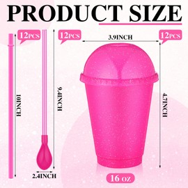 Ninehaoou 12 Sets Slushie Cups with Dome Lids and Straws Detachable Spoon Straws Reusable 16 oz Plastic Iced Coffee Cups Smoothie Tumbler for Birthdays Summer Party Supplies (Rose Red)