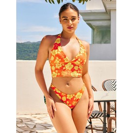 seamoly Floral Halter Tied Cheeky Tankini Set, Orange, XS