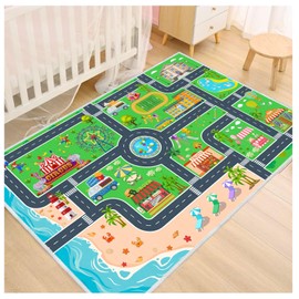 Kids Carpet Playmat Car Rug, Car Rug for Kids Toy Cars and Train, Non Slip Play Mat for Playroom Kids Room, City Life Educational Road Traffic Carpet for Classroom Nursery(Green,63×94in)