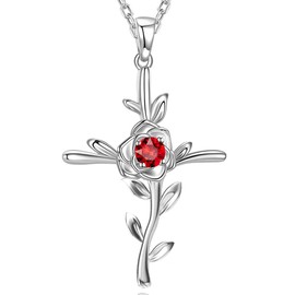 July Birthstone Ruby Jewelry Her Valentines Day Birthday Gifts for Mom Wife Love Rose Flower Necklace Hope Leaves Sterling Silver Jewelry Gifts