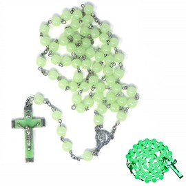 Kuesn Glow in the Dark Rosary Light Luminous Round Beads Noctilucent Cross Jesus Maria Pendant Necklace for Girls Boy Men Women Catholic Crucifix Religious Necklace Prayer Jewelry