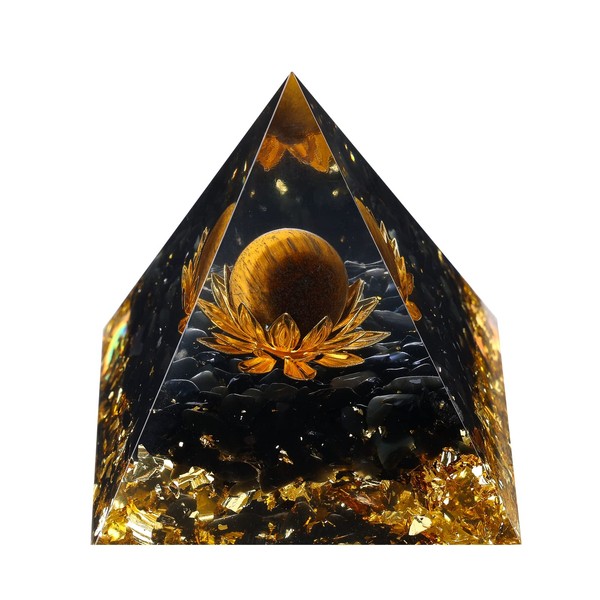 Orgone Pyramid Positive Energy, Crystal Pyramid Flower of Life Quartz with Agate, Protection Crystals Energy Generator for Stress Reduce Healing Meditation Attract Wealth Lucky (Lotus Tiger Eye)