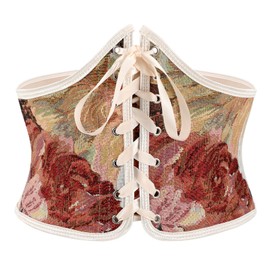 LEACOOLKEY Women's Floral Corset Belt Lacing Tied Waspie Wide Waist Belt Renaissance Costume Corset Belt for Dresses, C-apricot with red flowers