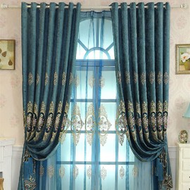 Amidoudou 1 Pair European Luxury Jacquard Hollow Curtains Embroidered Chenille Curtains for Living Room Bedroom (Blue,51x90 Inch)