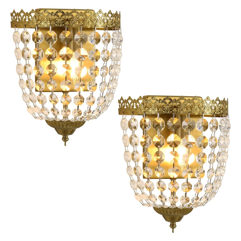 Vintage Crystal Wall Sconces Set of 2 Hardwired Brushed Brass