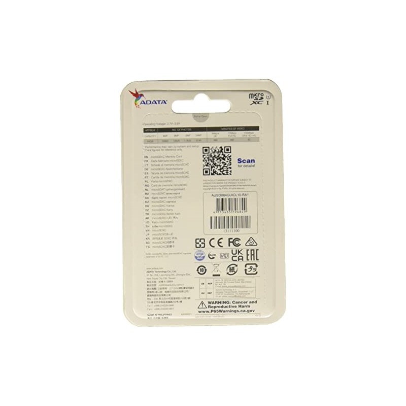 Adata AUSDX64GUICL10-RA1 Memoria Micro SD Clase 10, 64GB