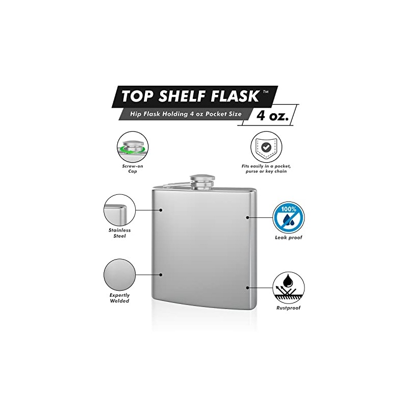 Hip Flask Holding 4 oz Pocket Size, Stainless Steel, Rustproof,