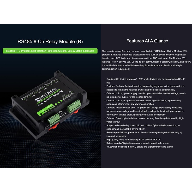 waveshare 8-CH Modbus RTU Relay Module with RS485 Interface, Modbus