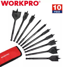 WORKPRO 10-Piece Pro Spade Drill Bit Set- Black Coating, Premium Carbon Steel