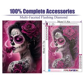 Skull Woman Diamond Art Kits for Adults-Gothic Diamond Painting Kits for Adults Beginners, 5D DIY Full Drill Round Rhinestone Gem Art Crafts Paintings for Home Wall Decor 12 x16inch