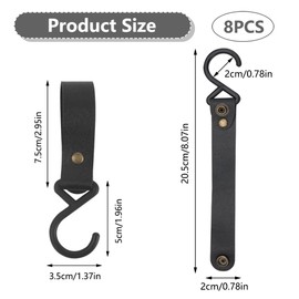 Pack of 8 S Hooks with Leather Loop, Hooks for Clothes Rail, Leather, S Camping Hooks, Black Leather Hooks for Hanging, Coat Hooks, Leather S Hooks, Leather Loop Hooks for Kitchen, Bathroom, Camping