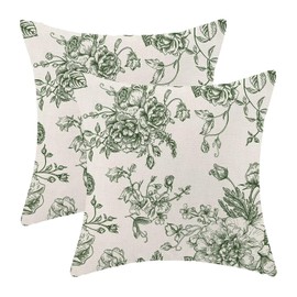 Spring Olive Green Floral Pillow Covers 18x18 Inch Set of 2, Chinoiserie Olive Green Flower Decorative Throw Pillowcase Vintage Floral Outdoor Cushion Cover for Sofa Couch Living Room Bed Decor