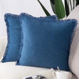 Madizz Suede Leather Cushion Covers with Fringe Tassels Soft Decorative Cushion Covers for Sofa Bedroom Cushion Cover Blue 45 x 45 cm Square Set of 2