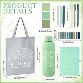 Sayglossy 11 Pcs Bible Journaling Kit Bible Study Supplies Christian 16oz Tumbler Journal Tote Bag Pen Highlighter Sticky Note Religious Gift Set for Women Back to School Teacher Student VBS(Green)