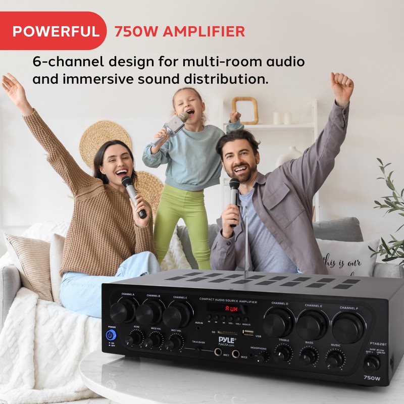 Pyle Wireless Bluetooth Home Audio Amplifier System-Upgraded 6 Channel 750