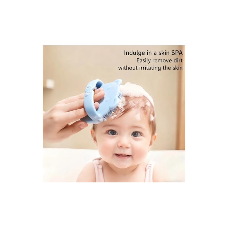 Baby Bear Shampoo Comb, Silicone Bristles, Newborn Dandruff Comb (Beige+Blue)