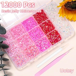 12000 Pcs Resin Jelly Rhinestones for Crafting, Multi Sizes Flatback Pink Color Gems, Bedazzling Crystal with Pickup Tool for DIY Crafts Clothing Shoes Fabric Nail Art