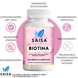 Biotina + Colágeno Hidrolizado + Ácido Hialurónico + Citrato de Magnesio | 100 Cápsulas | Suplemento Alimenticio 4 en 1 | Piel, Cabello, Uñas, Articulaciones y Energía | Saisa Herbal