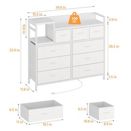 IDEALHOUSE Dresser with Power Outlet, Bedroom Dresser with 9 Drawers, Drawer storage cabinet for Living Room, Hallway, White