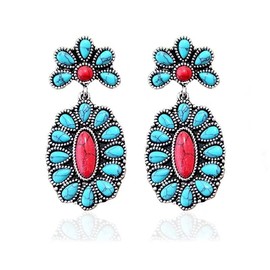 Zhang shine Turquoise Earring Bohemian Oval Western Earrings for Women Cowgirl Vintage Dangle Earrings Red And Green Jewelry