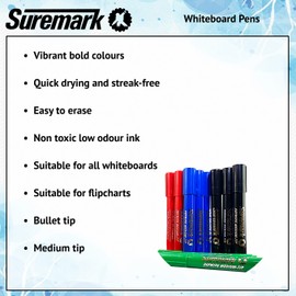 SureMark Whiteboard Marker Pens 3 x Black, 3 x Blue, 2 x Red, 2 x Green Dry Erase Pens for Office, School, Home, Box of 10 Bullet Tip Dry Wipe Pens, Multicolor…