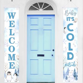 Arctic Polar Animal Baby Shower Porch Sign Welcome Baby It's Cold Outside Decorations Banner Penguins Polar Bears Seals Door Banner for Boy Girl Winter Baby Shower Birthday Party Supplies