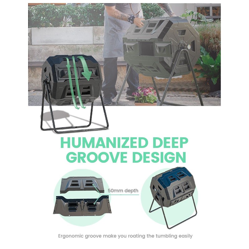 2021 Upgraded Tumbling Composter with Compost Thermometer - Dual Chamber