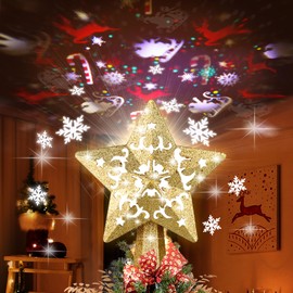 Christmas Tree Topper, Christmas Star Tree Topper Built-in LED Rotating Lights, Plug in 3D Golden Glittered Star Tree Topper for Xmas Party Holiday Decorations