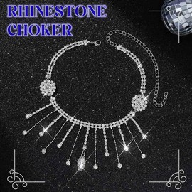 JAKAWIN Rhinestone Choker Necklace Silver Sparkly Tassel Pendant Necklaces Jewelry for Women