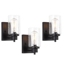 Eidonta 3 Pack Bath Vanity Light Fixtures Wall Sconce, Modern Indoor Bathroom Wall Lights with Seeded Glass, Black Wall Light Fixtures for Bedroom Mirror Kitchen Living Room Entryway Patio