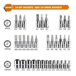 Egofine 46 Pieces 1/4 inch Drive Socket Ratchet Wrench Set, with Bit Socket Set Metric and Extension Bar for Auto Repairing and Household, with Storage Case
