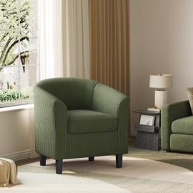 Yaheetech Corduroy Barrel Chair, Upholstered Club Chair Accent Chair, Round Armchair Waiting Room Chair with Soft Cushion for Living Room Bedroom Reading Room, Dark Green
