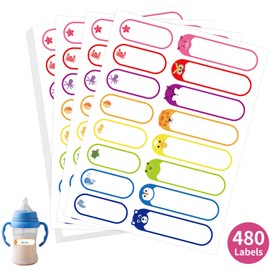 480 Pcs Labels for Kids Stuff Daycare, Waterproof Baby Name Labels, Washable Bottle Labels, Reusable Self-Adhesive Tag Stickers for School Essentials, Self-Laminating Write-on